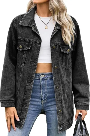 Womens Jackets Dressy Casual Oversized Boyfriend Denim Jacket Button Down Regualr Fit Outerwear Jacket with Pockets