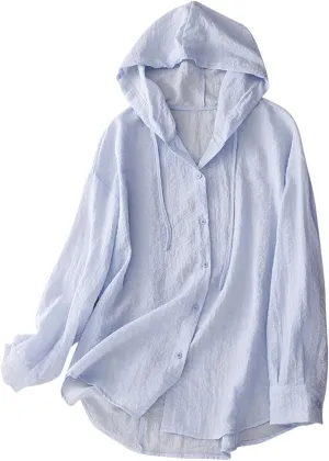 Women's Linen Sun Protection Hoodie Jacket Lightweight Long Sleeve Shirt Oversized Loose Breathable Hooded Cover Ups