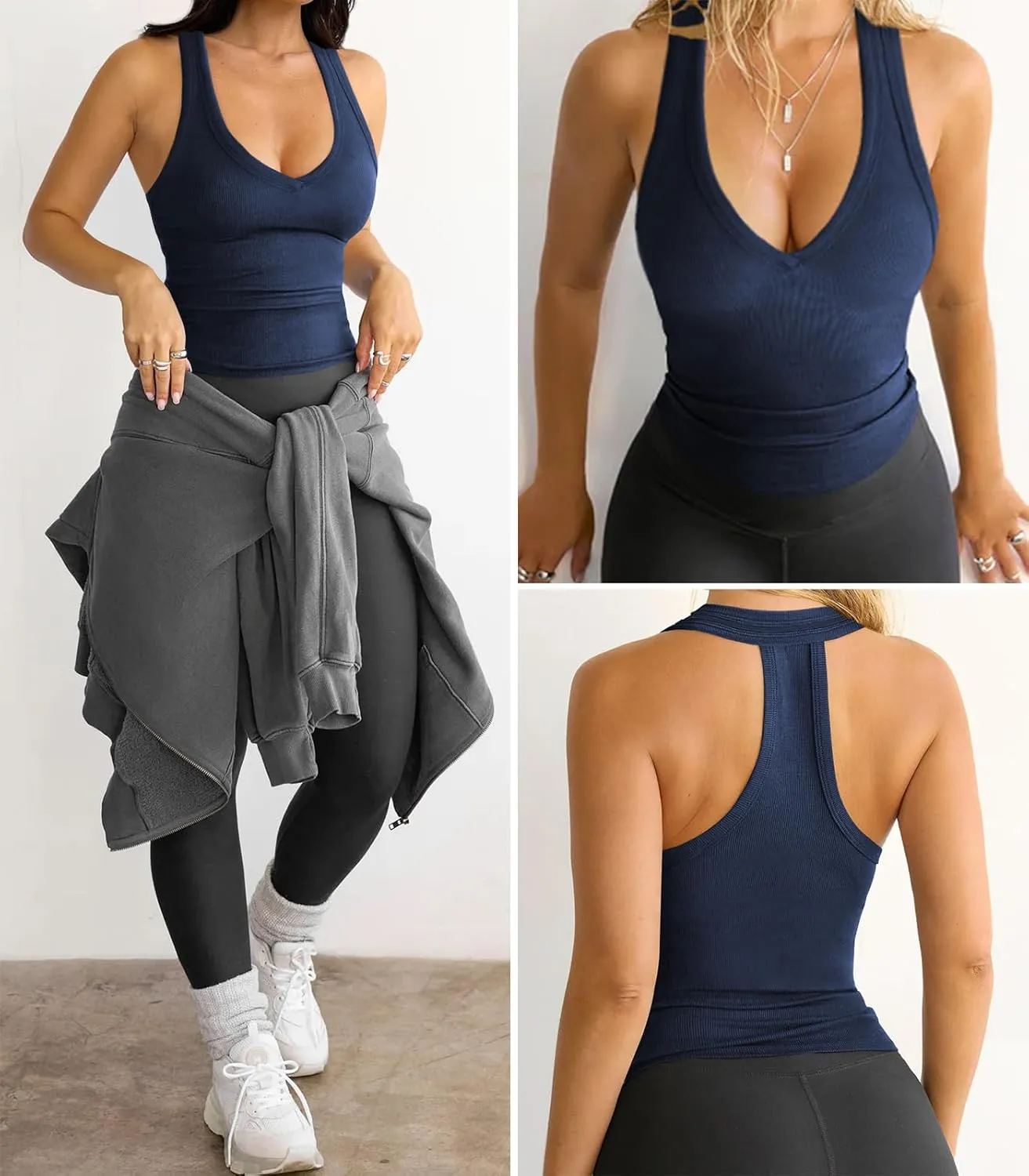 Womens Low Cut Deep V Neck Racerback Tank Tops for Women Summer Workout Yoga Sport Ribbed Fitted Cotton Clothes