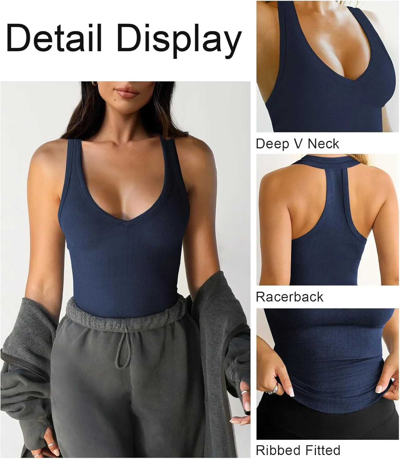 Womens Low Cut Deep V Neck Racerback Tank Tops for Women Summer Workout Yoga Sport Ribbed Fitted Cotton Clothes