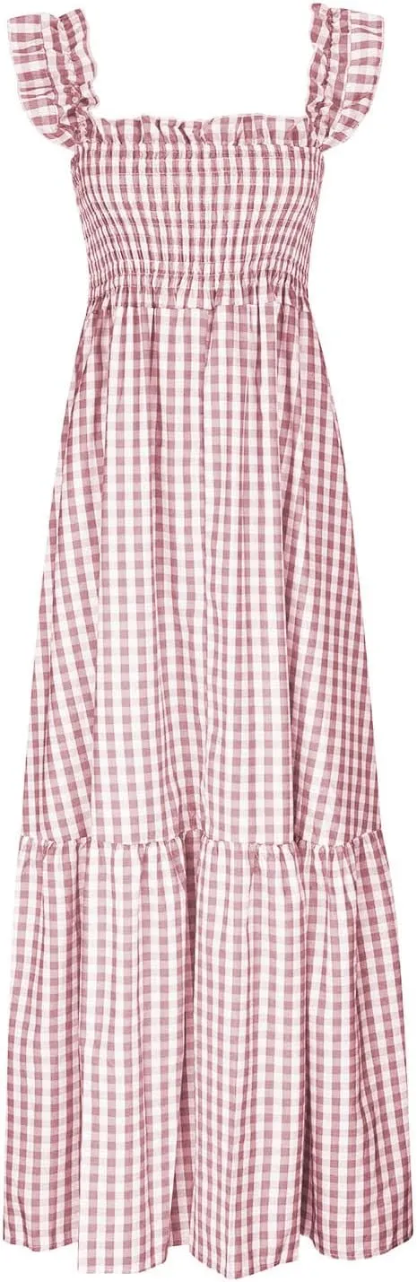 Women's Retro Plaid Smocked Dress Square Neck Spaghetti Strap Summer Boho Ruffle Casual Flowy Beach Maxi Dresses