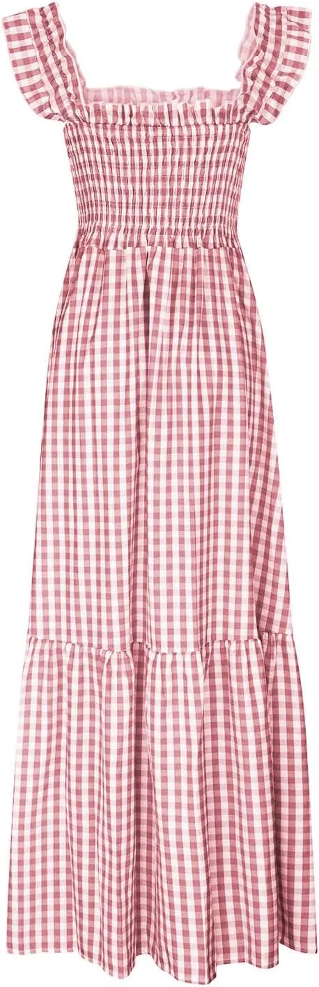 Women's Retro Plaid Smocked Dress Square Neck Spaghetti Strap Summer Boho Ruffle Casual Flowy Beach Maxi Dresses