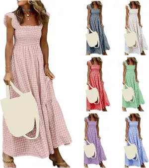 Women's Retro Plaid Smocked Dress Square Neck Spaghetti Strap Summer Boho Ruffle Casual Flowy Beach Maxi Dresses