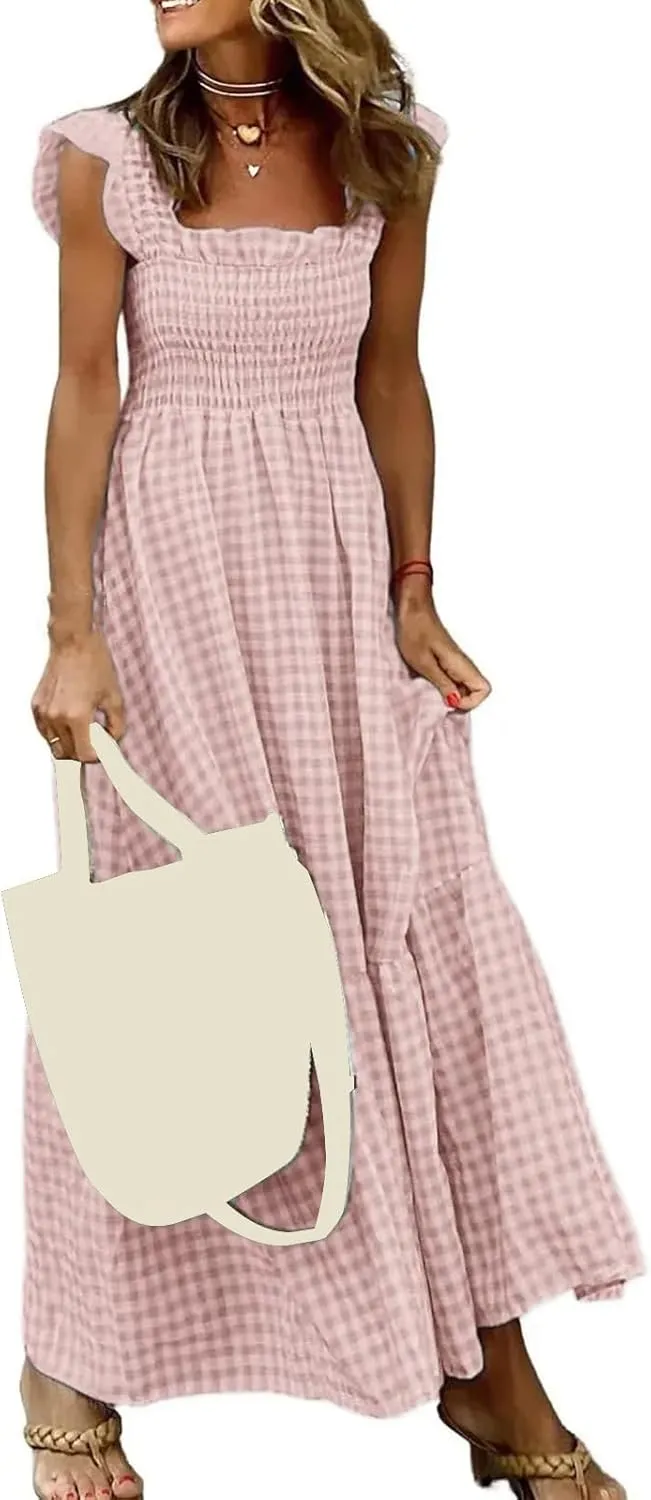 Women's Retro Plaid Smocked Dress Square Neck Spaghetti Strap Summer Boho Ruffle Casual Flowy Beach Maxi Dresses