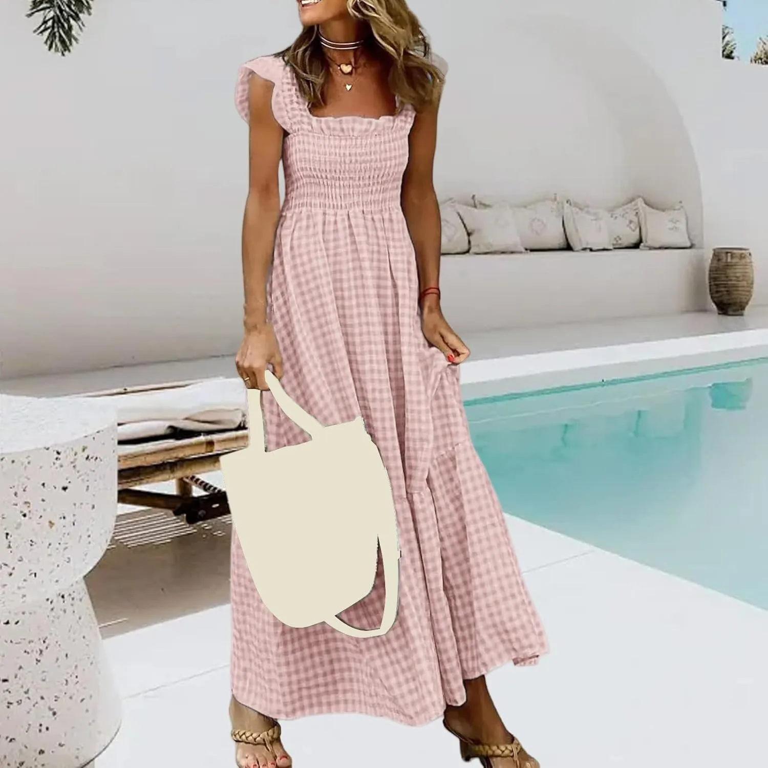 Women's Retro Plaid Smocked Dress Square Neck Spaghetti Strap Summer Boho Ruffle Casual Flowy Beach Maxi Dresses