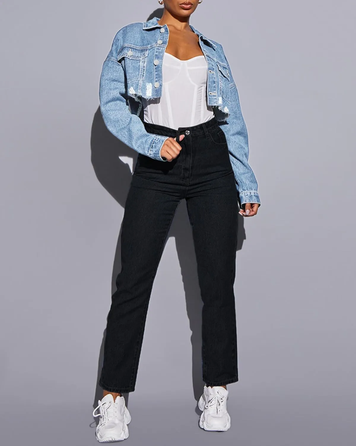Womens Sexy Long Sleeve Distressed Raw Hem Crop Denim Jacket with Pocket Frayed Button Up Cropped Jean Jacket