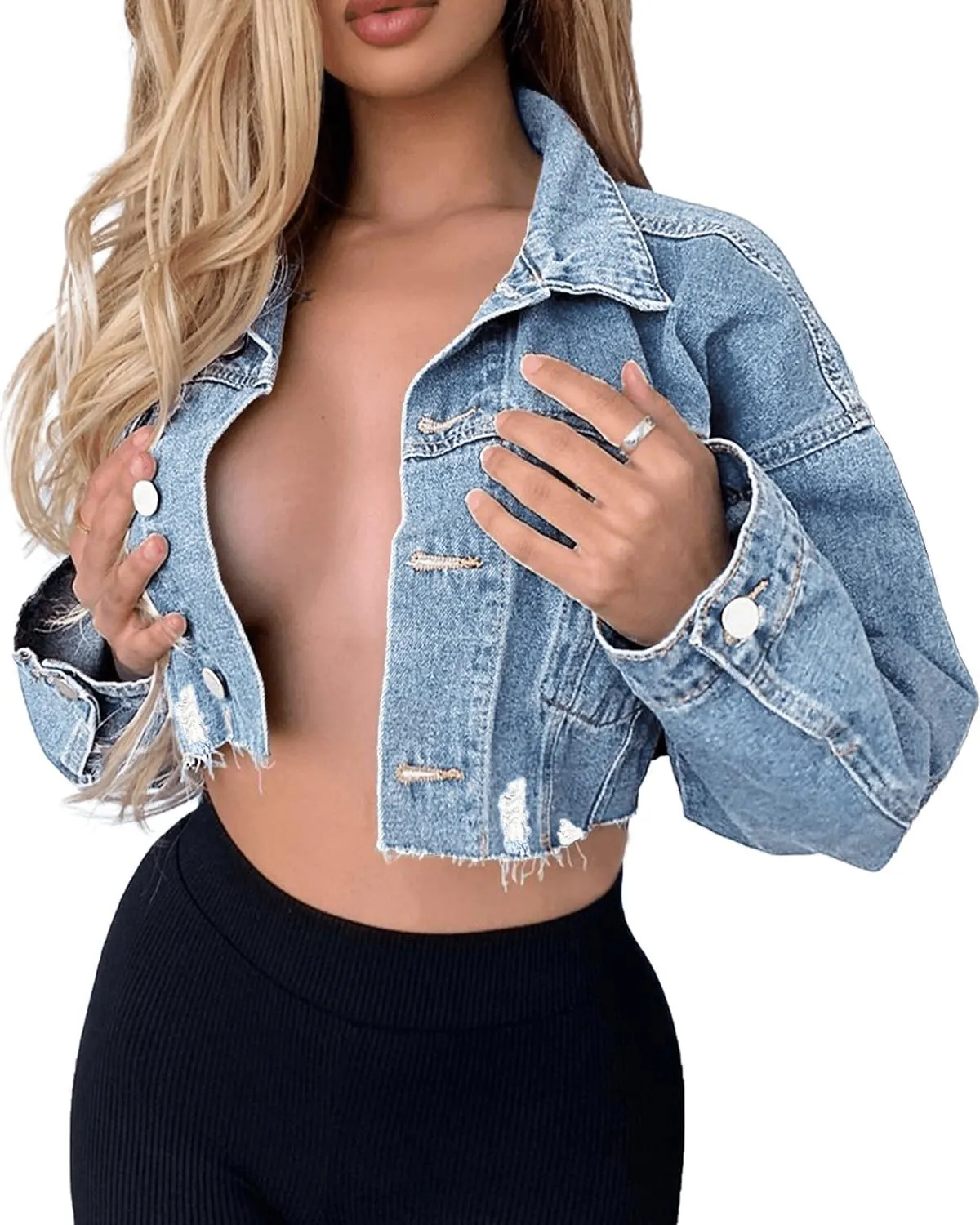 Womens Sexy Long Sleeve Distressed Raw Hem Crop Denim Jacket with Pocket Frayed Button Up Cropped Jean Jacket