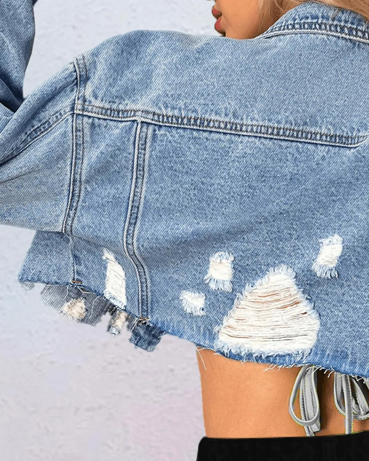 Womens Sexy Long Sleeve Distressed Raw Hem Crop Denim Jacket with Pocket Frayed Button Up Cropped Jean Jacket