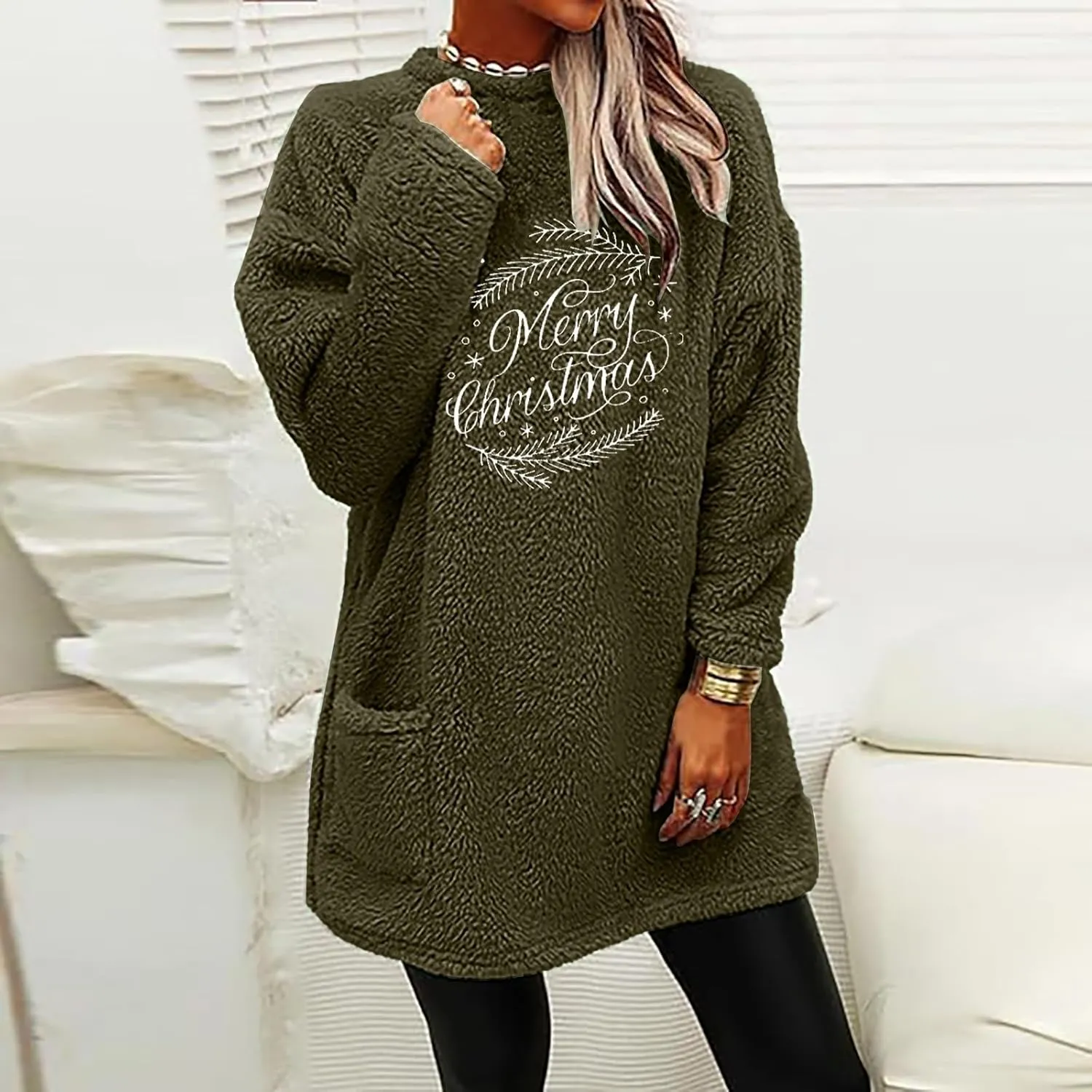 Womens Sherpa Pullover Sweatshirt Funny Christmas Prnted Tops Oversized Long Sleeve Crewneck Warm Coat with Pockets