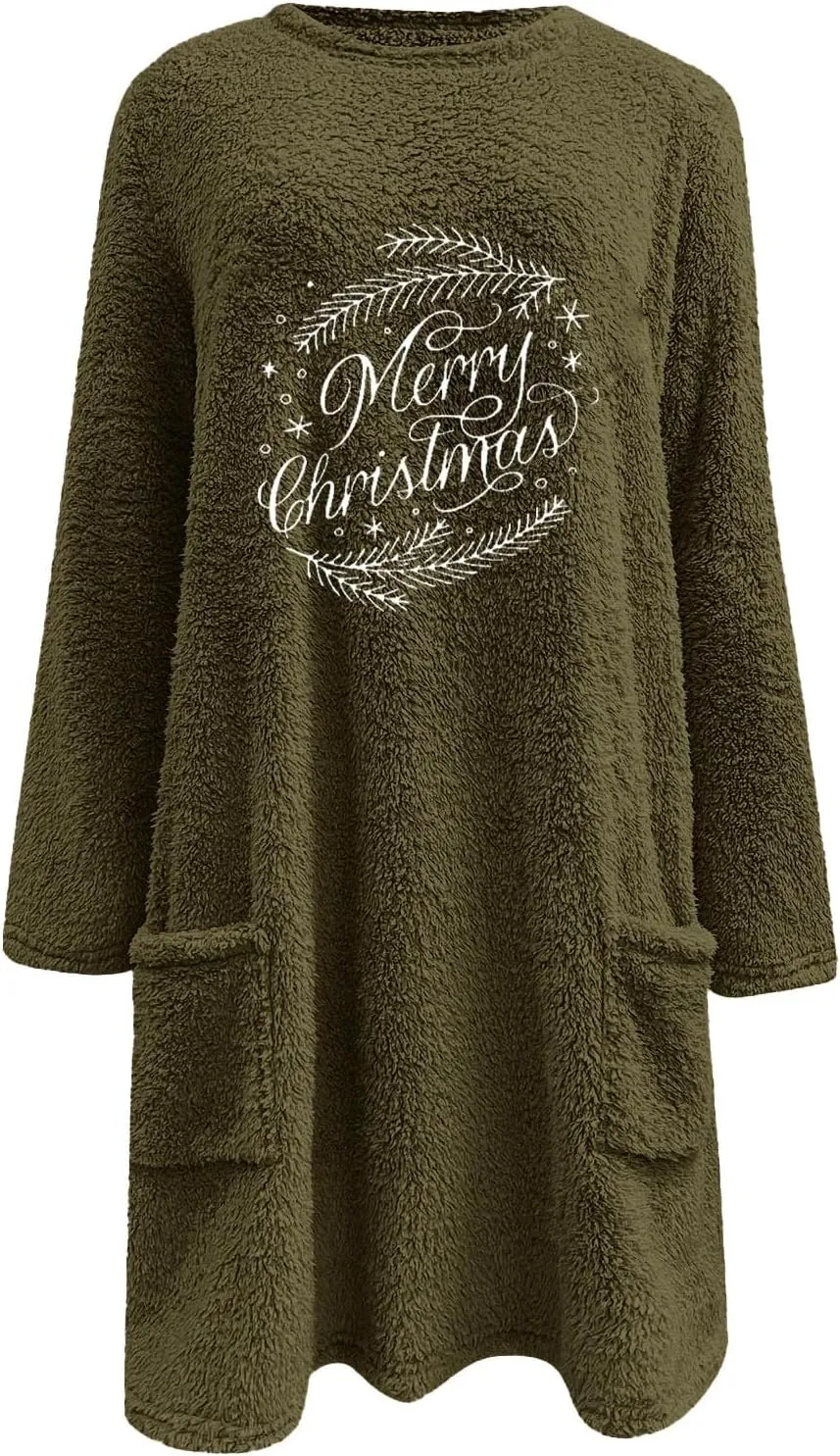 Womens Sherpa Pullover Sweatshirt Funny Christmas Prnted Tops Oversized Long Sleeve Crewneck Warm Coat with Pockets