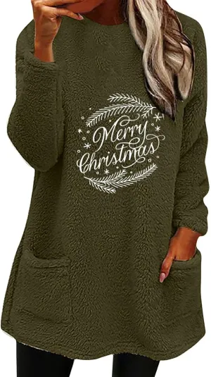 Womens Sherpa Pullover Sweatshirt Funny Christmas Prnted Tops Oversized Long Sleeve Crewneck Warm Coat with Pockets
