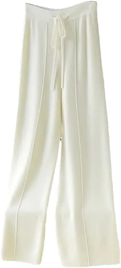 Women's Solid Wool Wide-Leg Pants High Waist Casual Loose Straight Pants Knit Mop Trousers