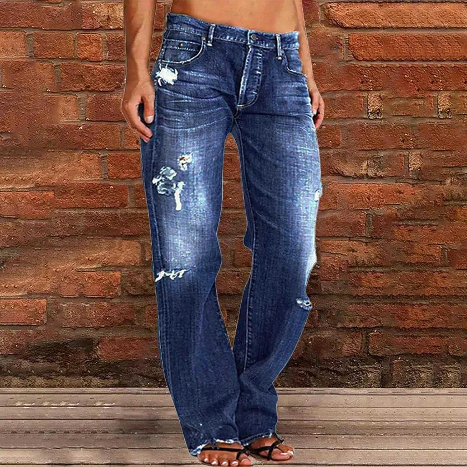 Women's Straight Leg Jeans Button Down Low Rise Ripped Jeans Plus Size Boyfriend Distressed Denim Pants with Pocket