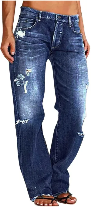 Women's Straight Leg Jeans Button Down Low Rise Ripped Jeans Plus Size Boyfriend Distressed Denim Pants with Pocket