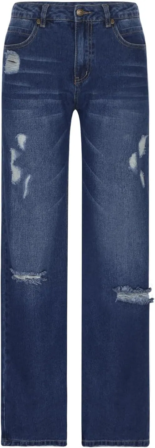 Women's Straight Leg Jeans Button Down Low Rise Ripped Jeans Plus Size Boyfriend Distressed Denim Pants with Pocket