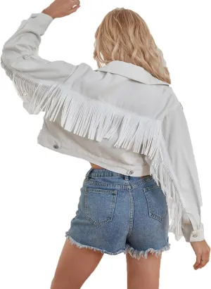 Women's White Fringe Denim Jacket CroppedJean Coat