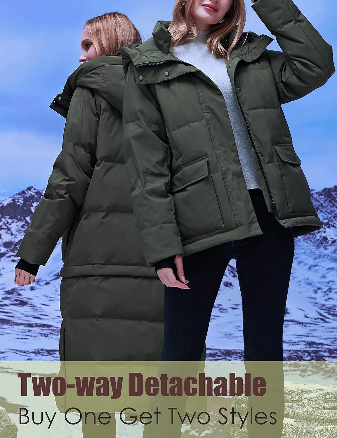 YISEVEN Women's Lightweight Waterproof Detachable Thickened Oversize Down Jacket Hooded