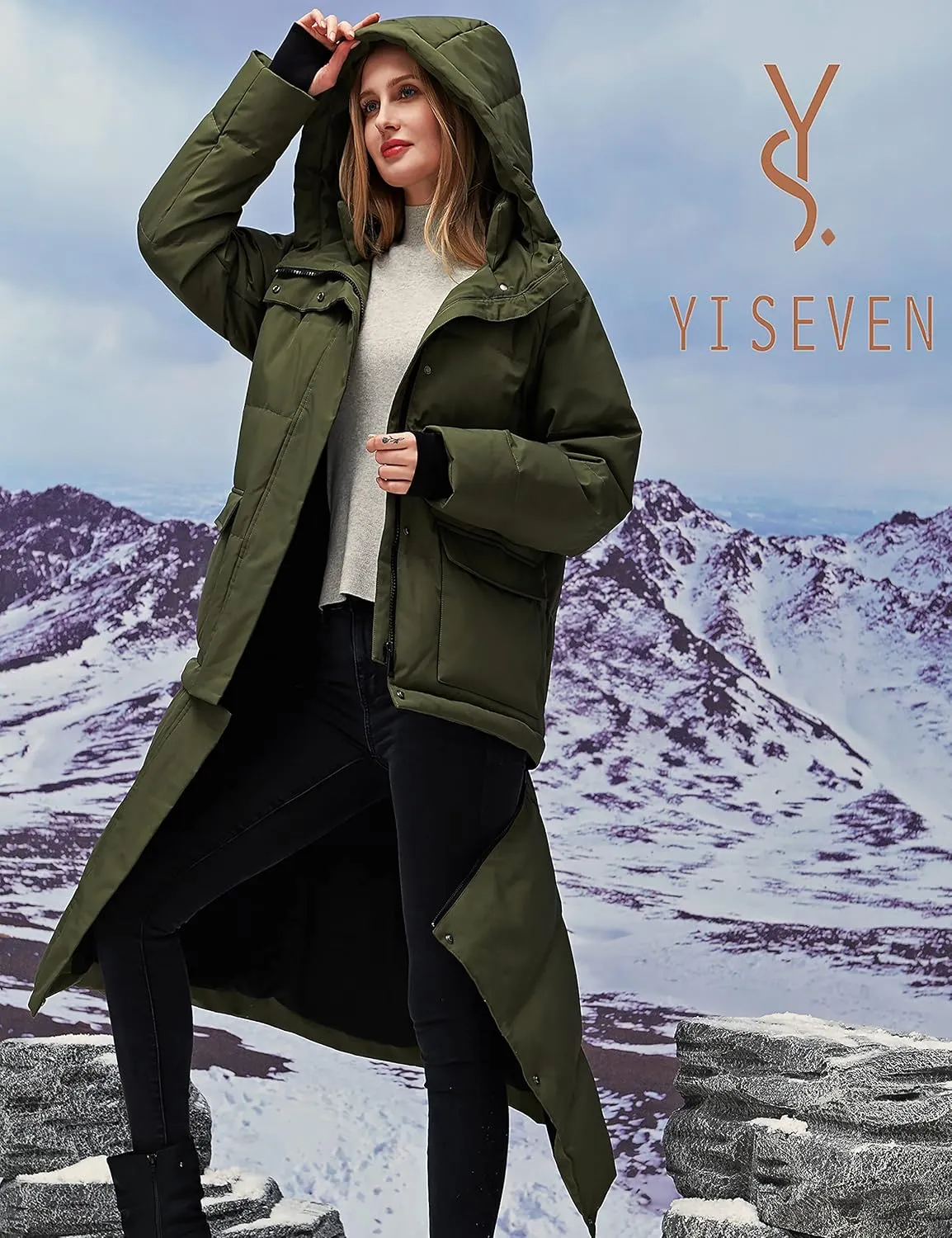 YISEVEN Women's Lightweight Waterproof Detachable Thickened Oversize Down Jacket Hooded