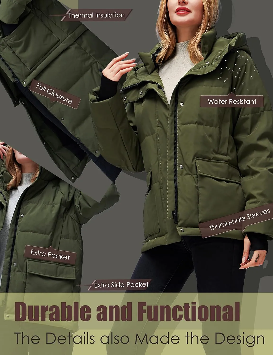 YISEVEN Women's Lightweight Waterproof Detachable Thickened Oversize Down Jacket Hooded