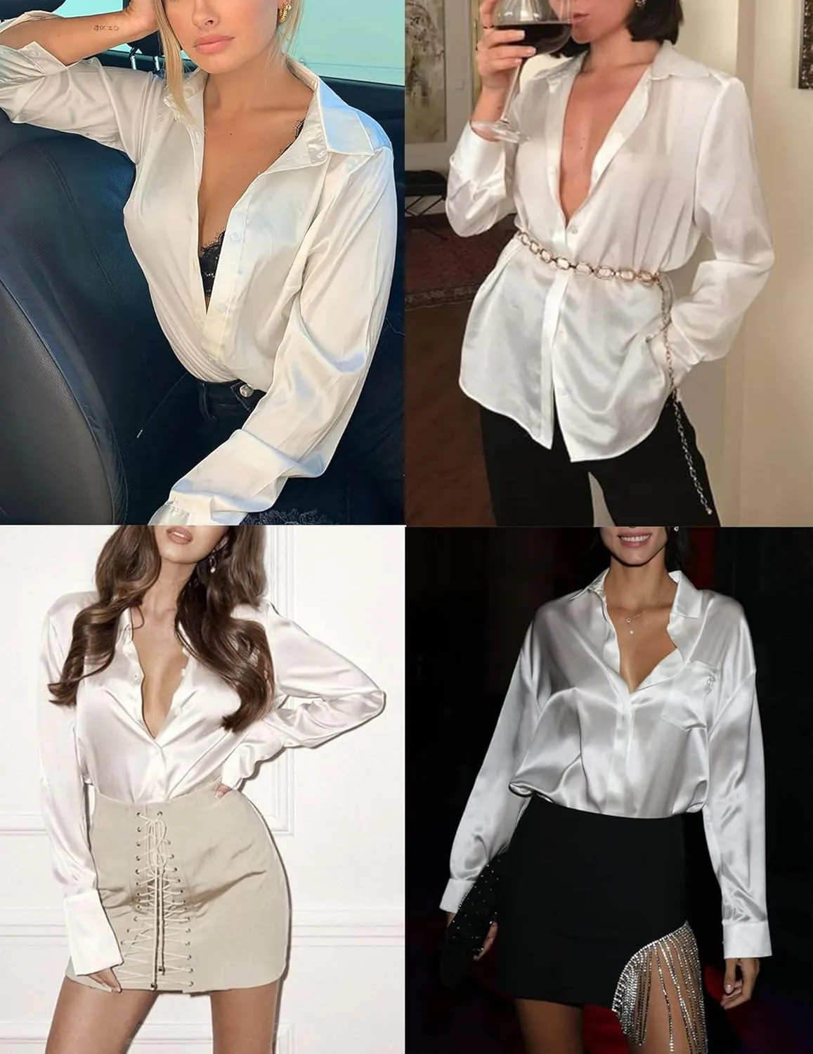 Zeagoo Women Satin Button Down Shirt Long Sleeve Tops Silk Blouse V Neck Dressy Casual Loose Work Office Blouse Tunic Fall