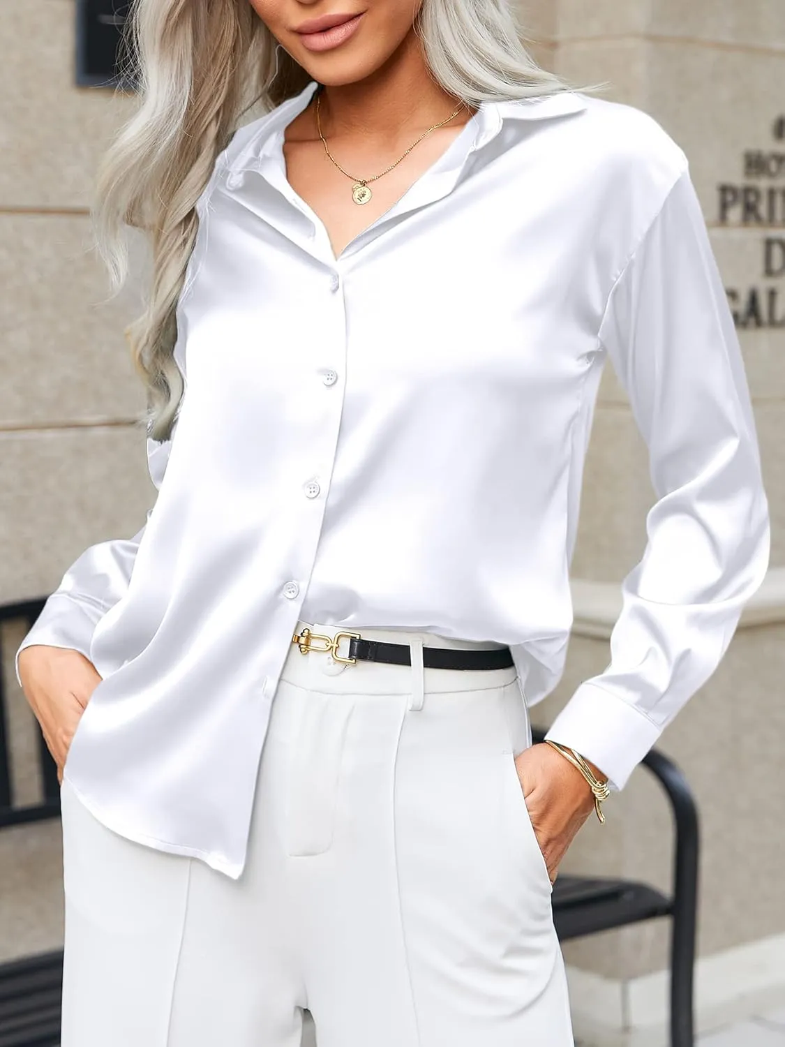 Zeagoo Women Satin Button Down Shirt Long Sleeve Tops Silk Blouse V Neck Dressy Casual Loose Work Office Blouse Tunic Fall